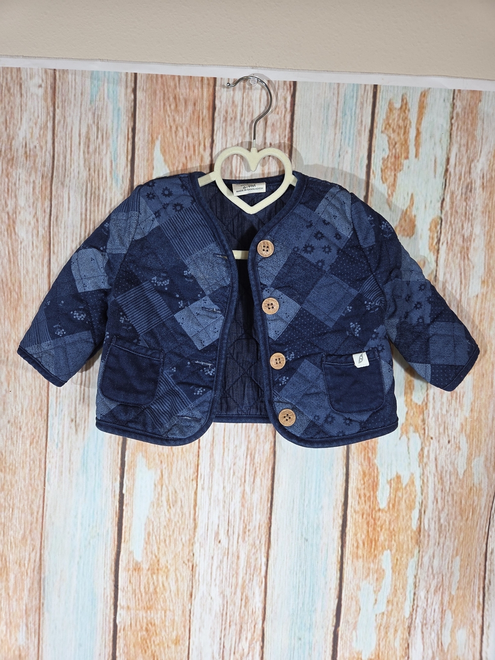 Easy Peasy Quilted Navy Patchwork Jacket. Cotton/poly Blend Size 6-9m